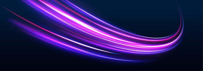 Neon laser line cuts across a black highway at night. Traffic wave follows the road with strong speed motion and energy flow. Futuristic light trail scene rendered in vector. © ikril