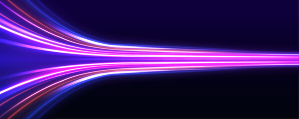 Neon laser line cuts across a black highway at night. Traffic wave follows the road with strong speed motion and energy flow. Futuristic light trail scene rendered in vector. © ikril