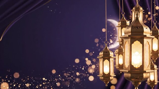 Elegant golden lanterns illuminate a festive deep blue background with bokeh lights