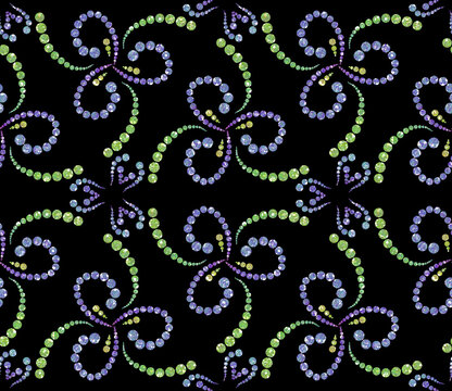 Seamless Pattern shiny Dotted Blue and Green Swirls on Black