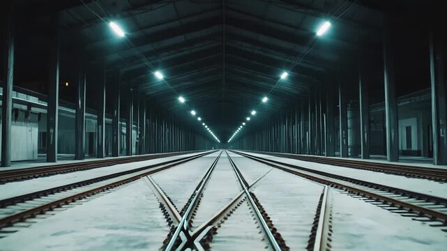 Industrial train tracks converging under a long, illuminated terminal roof, creating a deep perspective and sense of journey in the vacant, atmospheric railway facility