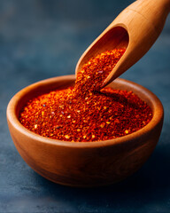 Close-Up of Red Chili Powder in Wooden Bowl with Wooden Scoop