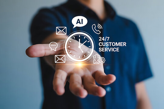 An Conceptual corporate tech photo: person with glowing 24/7 customer service hologram, AI, and communication icons
