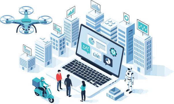 Isometric Smart City Technology Concept with Laptop, Data Analytics, Delivery Drone, Scooter Courier, Robot, and Office Buildings for Digital Transformation and Future Logistics