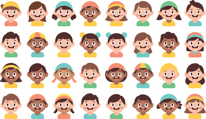 Obraz premium Diverse childrens faces in a grid pattern with bright, cheerful colors for educational materials.