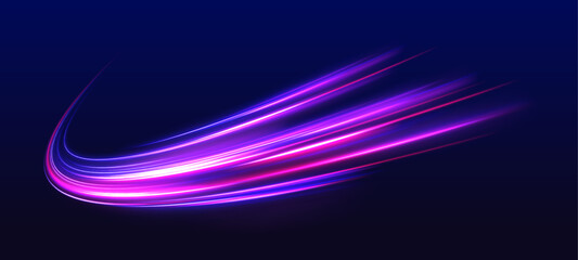 Laser neon wave flows across dark city road. Motion lines trace speed and energy, forming dynamic trails along the highway traffic. Futuristic night race illustration created in vector. © ikril