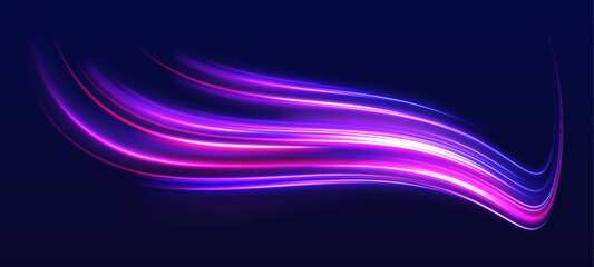 Neon laser wave flows along dark city road. Light motion purple, blue trail shows speed direction with strong traffic energy. Futuristic highway composition rendered in vector. © ikril