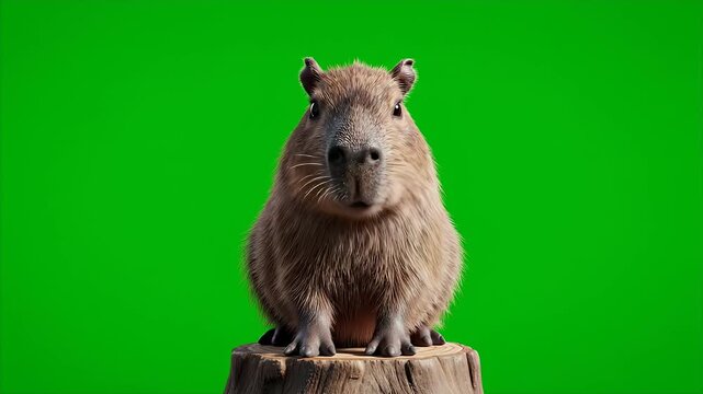 Cute Capybara Portrait with Green Screen - A capybara sits on a wooden stump, facing the viewer, against a solid green background. The video is suitable for use with chroma key effects.