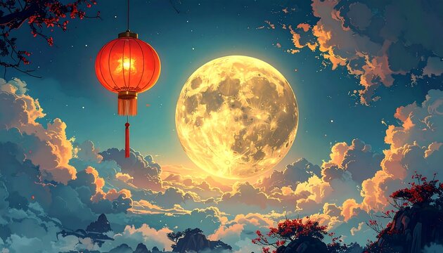 Full moon with Red Chinese lantern. CNY Background