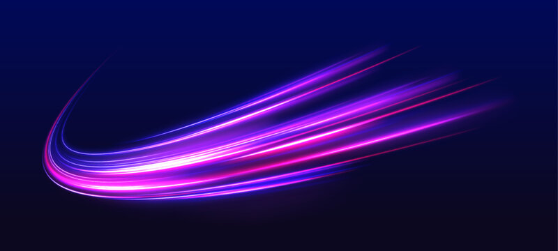 Laser neon wave flows across dark city road. Motion lines trace speed and energy, forming dynamic trails along the highway traffic. Futuristic night race illustration created in vector.