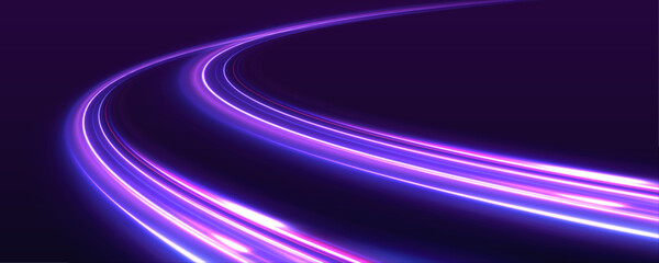 Futuristic highway shines with neon purple, blue light on dark background. Laser energy trail marks motion path with intense speed direction. City traffic wave, electric line, vector illustration. © ikril