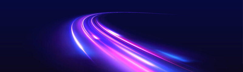 Futuristic highway shines with neon purple, blue light on dark background. Laser energy trail marks motion path with intense speed direction. City traffic wave, electric line, vector illustration. © ikril