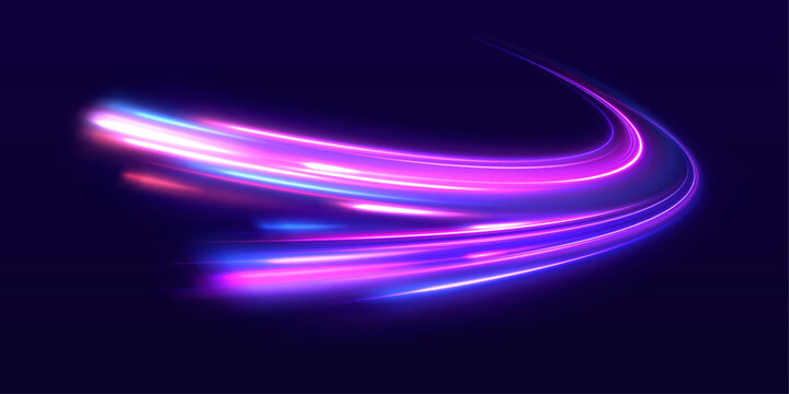 Neon purple, blue light lines twist along a dark city highway. Motion trails ripple across the road, showing speed and flowing energy. Futuristic night traffic scene illustrated in vector.