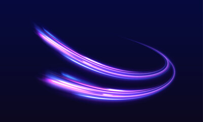 Neon purple, blue light lines twist along a dark city highway. Motion trails ripple across the road, showing speed and flowing energy. Futuristic night traffic scene illustrated in vector.