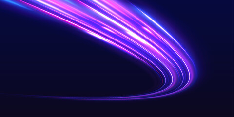 Futuristic highway shines with neon purple, blue light on dark background. Laser energy trail marks motion path with intense speed direction. City traffic wave, electric line, vector illustration. © ikril