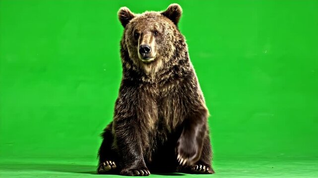Brown Bear Waving on Green Screen - A brown bear sits upright against a vibrant green screen background and raises its paw in a waving gesture.