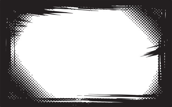 A rugged black hexagonal border featuring halftone dots and scratched textures framing a clear white space