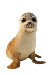 Dark brown fur seal pup sits upright on a transparent background. It faces forward, displaying its sleek dark fur, prominent whiskers, and large round eyes with a direct gaze.