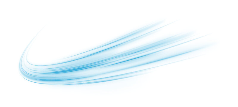 Glowing neon laser motion line sweep along city road, highway traffic. Blue light trail speed, motion, energy while creating futuristic wave. Flow cool water turns liquid ice. Vector png illustration