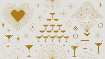 Elegant Art Deco Celebration: Champagne Tower Toasting Golden Anniversary, Cheers to Love and Joy at Festive Events, Luxury Party Invites, Stylish Wedding Reception Background, Sophisticated Corpora