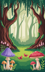 Enchanted Forest Glade Illustration with Mushrooms, Butterflies and Dreamy Atmosphere, Perfect for Children's Books, Fantasy Games, Magical Environments and Nature-Themed Designs, Cartoon Style, Peace
