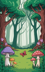 Whimsical Forest Scene: Butterfly Flitting Through Magical Woods with Colorful Mushroom Patch Illustration in Fantasy Setting for Children's Storybook, Enchanted Nature, Cartoon Style, Vector Artwork,