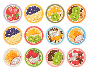 Healthy Breakfast Bowls Illustration: Colorful Bowls with Fresh Fruit Toppings for Yummy Morning Meal at Home, Breakfast Cereal, Oatmeal Porridge, Granola Power, Vegan Diet Concept, Cartoon Style, Top