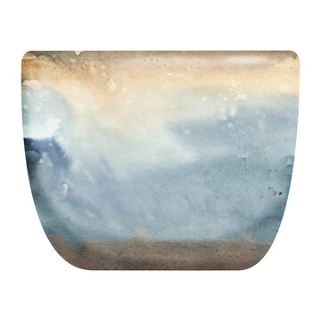 Decorative glazed ceramic planter with soft reflections, texture and minimal form, seashore tones. Isolated illustration hand drawn in watercolor. Botanical decor, modern interiors, florist marketing