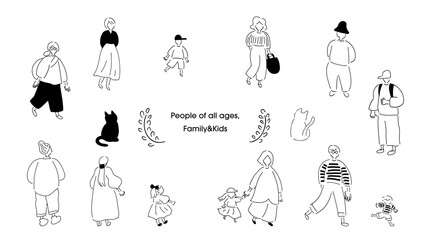 いろんな年齢の人々｜線画,ハンドドローイング,ベクターイラスト｜People of all ages with cats,vector illustration