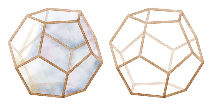 Geometric glass planter, metal wiremesh frame in gold, brass or copper, dodecahedron shape. Isolated illustration hand drawn in watercolor. Modern interior decor, eco branding, plant shop marketing.