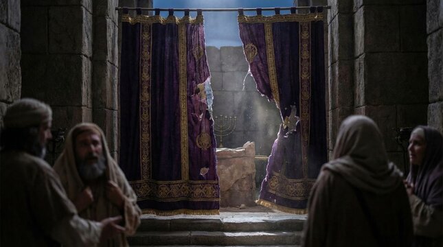 The curtain in the Temple is torn from top to bottom after the death of Jesus Christ. A Gospel story for Easter religious publications and Bible education.