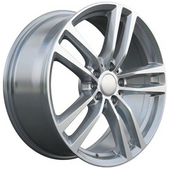 Obraz premium Silver alloy car wheel with sleek spokes isolated on transparent background