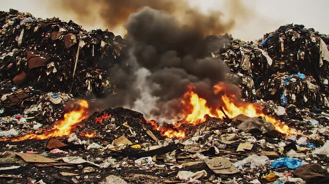 Smoldering refuse piles ablaze releasing thick acrid smoke, an environmental disaster scene at a landfill.