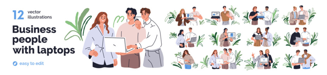 Business people with laptop set. Corporate professional office teams showing computer screen, digital report, project and presentation on display. Flat vector illustration isolated on white background