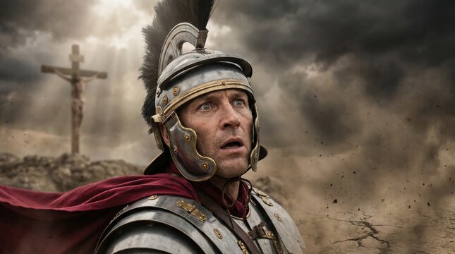 Roman soldiers are terrified by thunder and an earthquake after the death of Jesus Christ. A Gospel story of Good Friday for biblical, religious, and Easter publications.