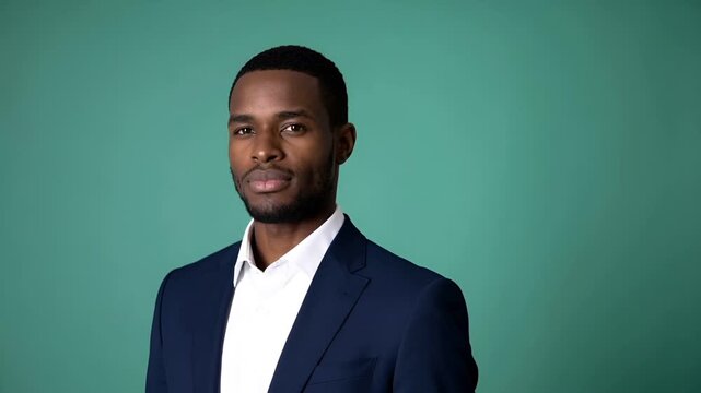 黒人ビジネスマンの高精細ポートレート動画。
ネイビースーツとホワイトシャツ、ミント背景と広い余白構成。