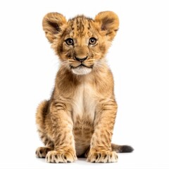 Obraz premium Cute baby lion sitting and staring, isolated on white background, perfect for wildlife and nature projects