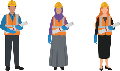 Fototapeta premium Construction workers diverse team safety gear holding blueprints site planning