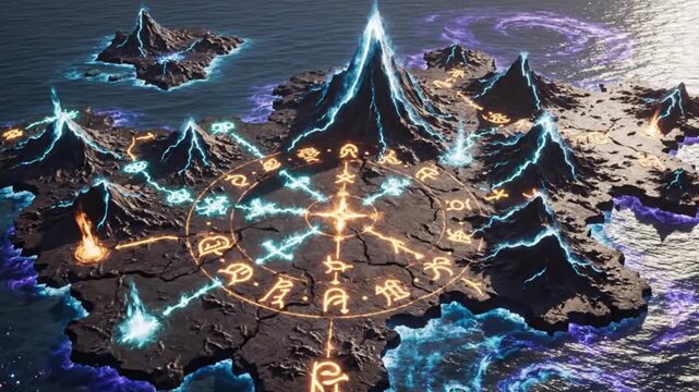 Arcane Cartography &mdash; Runes and Sigils Illuminating Magical Fantasy Land Seamless 4K Loop