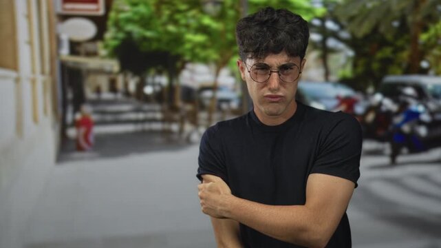 Man clutching his upper arm on a busy city street while grimacing, wearing round glasses and a black t shirt; pain.