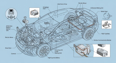 Detailed schematic diagram of a cars internal mechanical systems. © Ulhamchan
