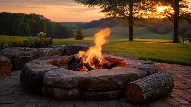 A serene outdoor setting with a lit fire pit in a stone circle on a brick patio at sunset