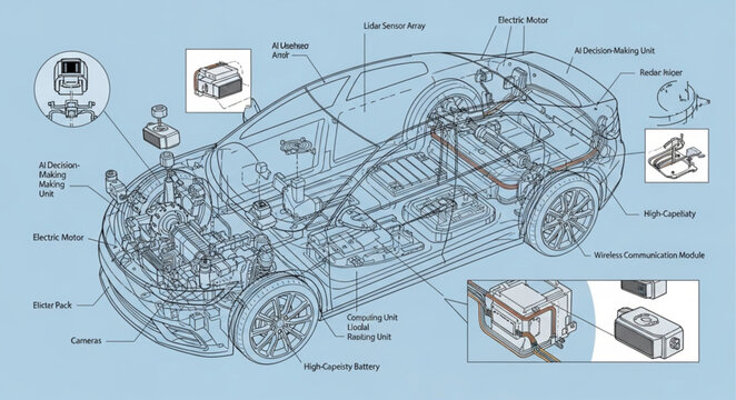 Detailed schematic diagram of a cars internal mechanical systems.