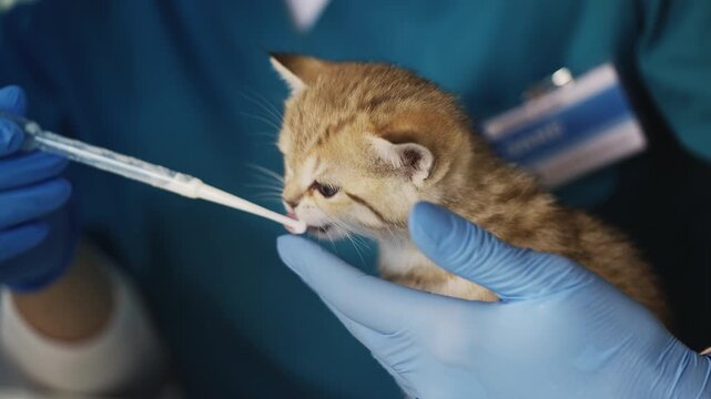 Animal doctor in gloves feeding purebred kitten from pipette in vet office