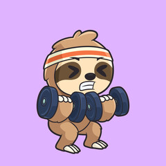 Obraz premium Cartoon Sloth Lifting Dumbbells Vector Illustration