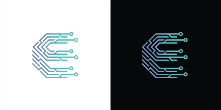 The letter 'E' logo is formed from digital circuit lines on a white or black background. It represents electronics, engineering, energy, efficiency, and the digital age.