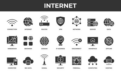Internet icon set. Contains solid icons related to connection, network, server, data, and more.
