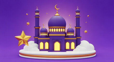 Festive 3D Cartoon Mosque for Islamic Celebrations