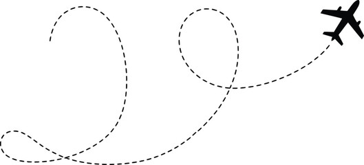 Airplane flight path icon, plane with dashed line route, travel and aviation vector illustration