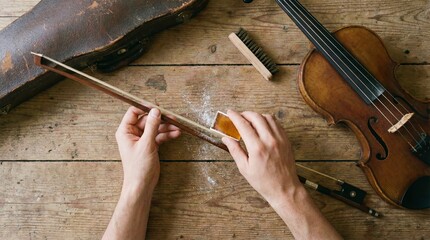 Flat Lay of Musician Hands Applying Rosin to Violin Bow with Fine Resin Powder Dusting the Horsehair for Orchestral Prep